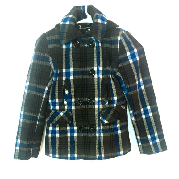 Rothschild Hooded Peacoat Winter Coat Girls Medium Gray Blue Plaid - Picture 1 of 7